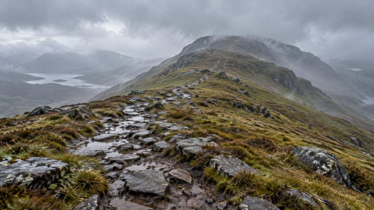 AI generated image of Beinn Ghlas from the ridge in cloudy and rainy weather.